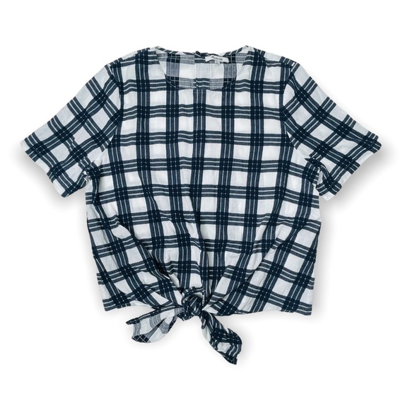 Madewell Tops - Madewell Navy & White Plaid Cotton Button-Back Tie Top Size XL